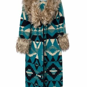 Geometric Patterned Coat with Faux Fur Trim
